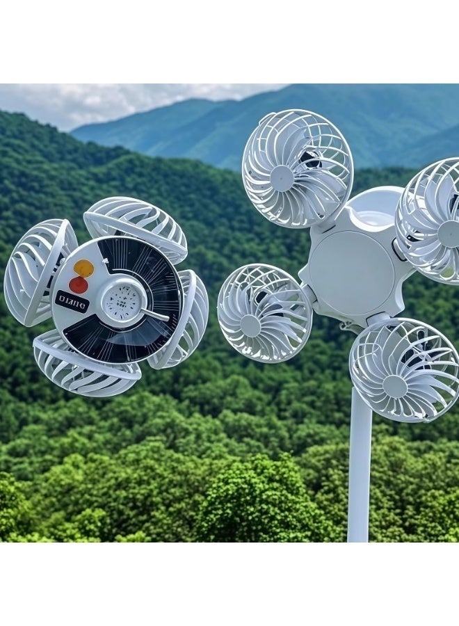 مروحة تخييم شمسية محمولة مع مصباح LED بتصميم كرة قدم - فانوس طوارئ قابل لإعادة الشحن، يتميز بـ 5 أوضاع إضاءة و4 مراوح قابلة للطي؛ للاستخدام الخارجي، وأثناء التنزه، وفي المنزل. - Image 2