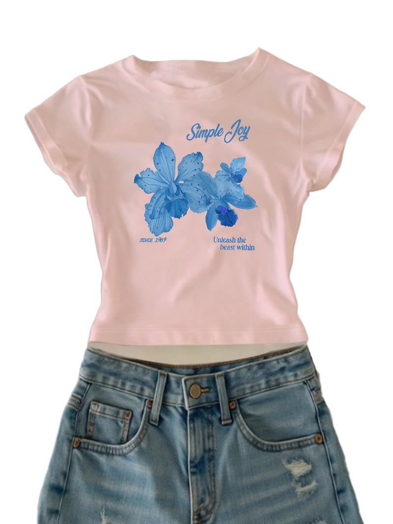 00008 - Women'S Casual Top English Letter Petal Print Girly Heart Sweet Cool American Style Ins Hot Summer T - Shirt - CC75 - Pink 2 / XS - Image 1