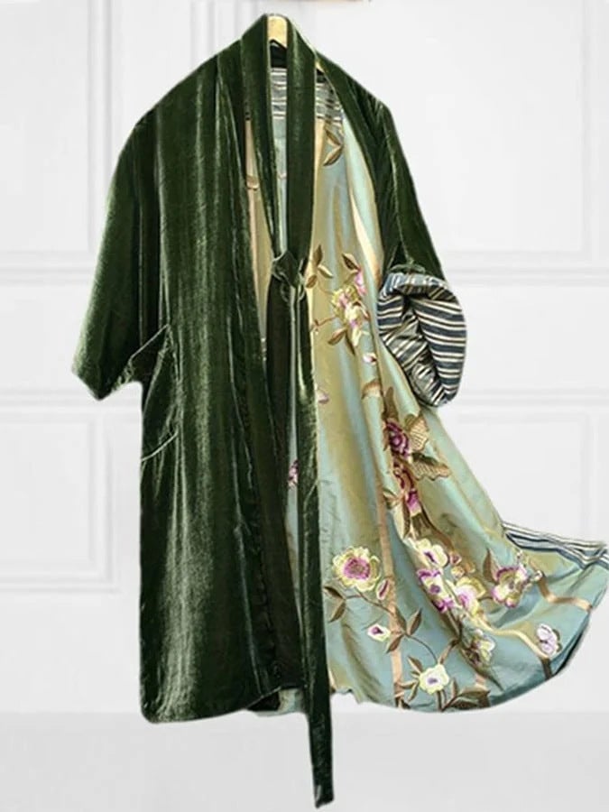 2023 Plus Size Korean Velvet Long Belted Floral Cardigan Dress green - Image 1