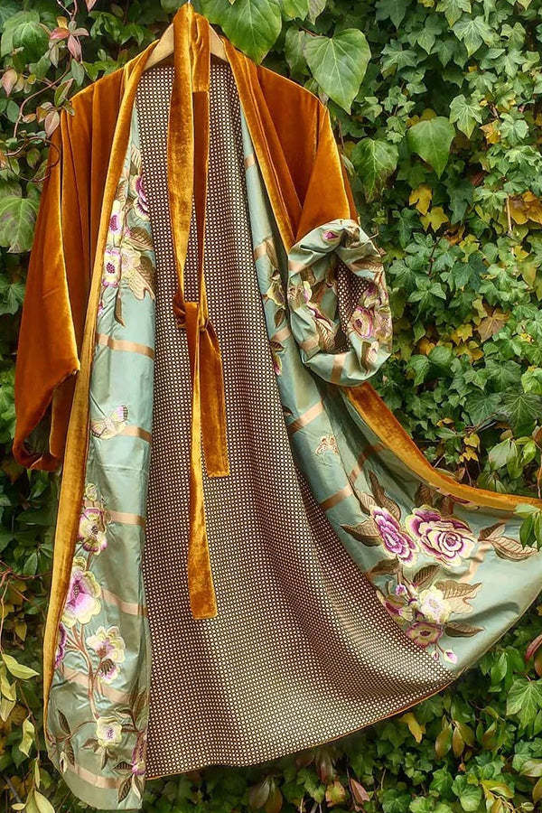 2023 Plus Size Korean Velvet Long Belted Floral Cardigan Dress green - Image 4