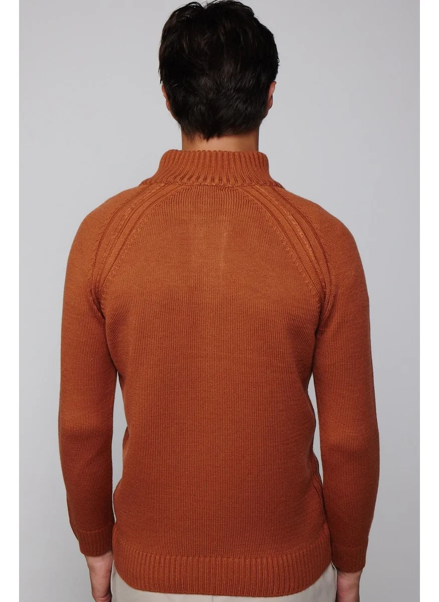 Tudors Men's Slim Fit Slim Fit Stand Collar Buttoned Cinnamon Knitwear Sweater
