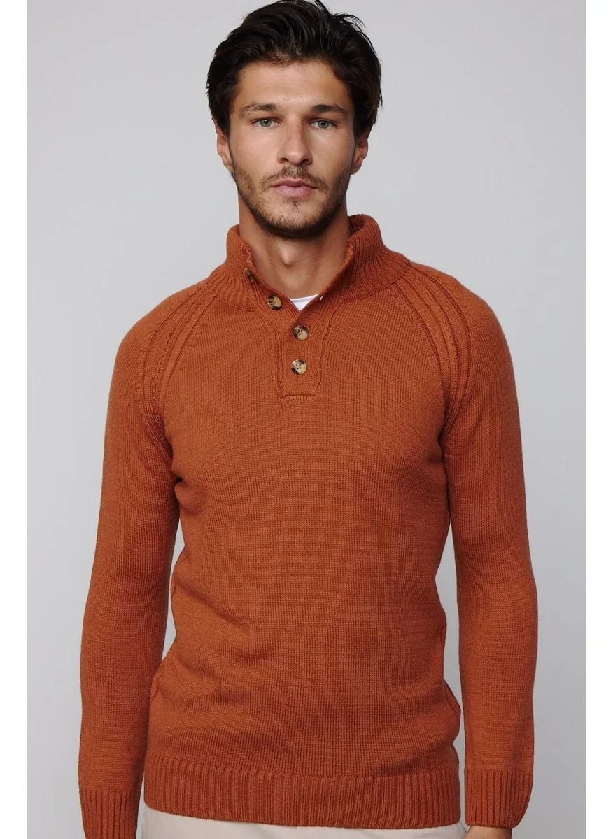 Tudors Men's Slim Fit Slim Fit Stand Collar Buttoned Cinnamon Knitwear Sweater