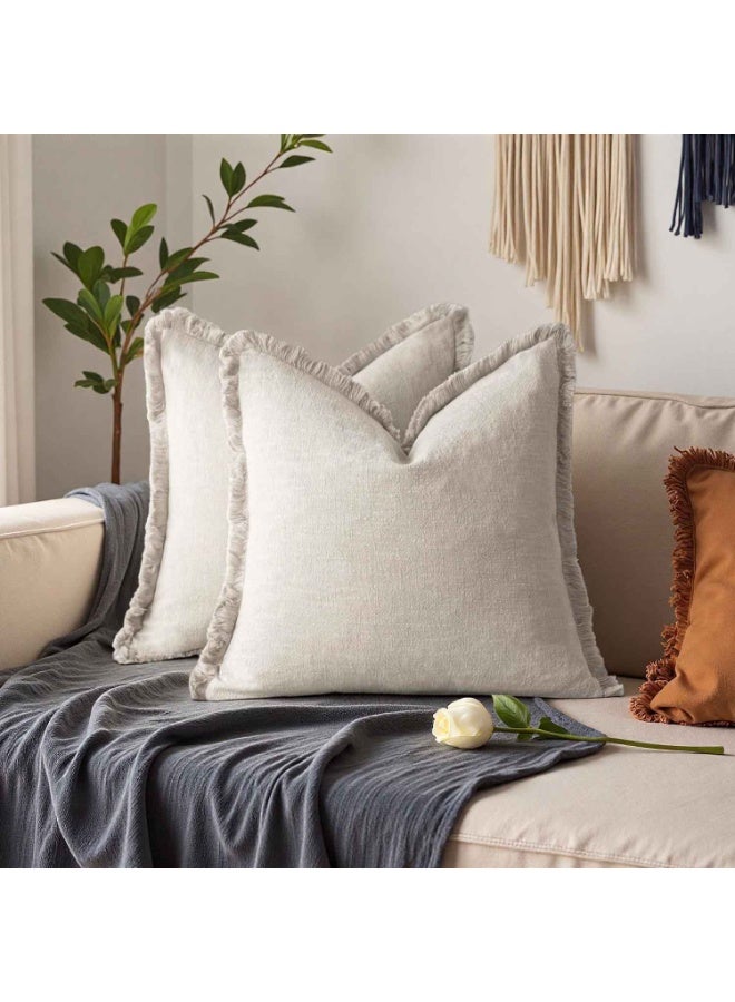 2PCS,Throw Pillow Covers,Decorative Linen Fringe Throw Pillow Covers Cozy Boho Farmhouse Cushion Cover with Tassels Soft Accent Pillowcase for Couch Sofa Bed Living Room Home Decor, Beige - Image 2