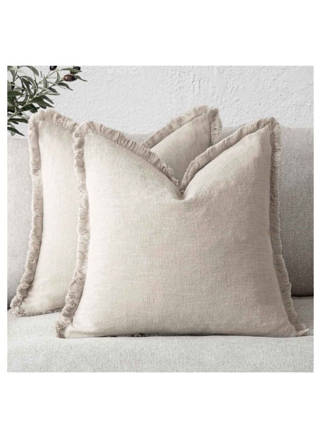 2PCS,Throw Pillow Covers,Decorative Linen Fringe Throw Pillow Covers Cozy Boho Farmhouse Cushion Cover with Tassels Soft Accent Pillowcase for Couch Sofa Bed Living Room Home Decor, Beige - Image 1