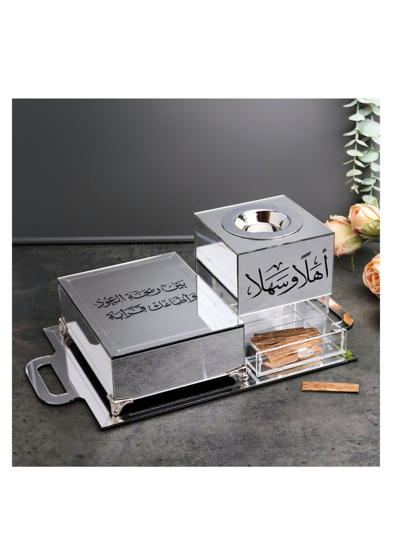 حكاية شمعة مبخرة مع صندوق لحفظ البخور وللتخزين وصينية تحملهما تأتي المبخرة بعبارة "أهلاً وسهلا" مع عود مروكي فاخر - Image 1