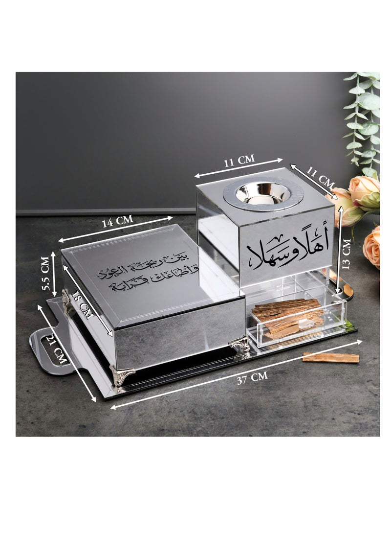 حكاية شمعة مبخرة مع صندوق لحفظ البخور وللتخزين وصينية تحملهما تأتي المبخرة بعبارة "أهلاً وسهلا" مع عود مروكي فاخر - Image 2