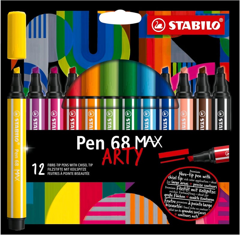 STABILO Premium FiberTip Pen with Chisel Tip Pen 68 MAX  ARTY  Pack of 12  Assorted Colors - Image 1