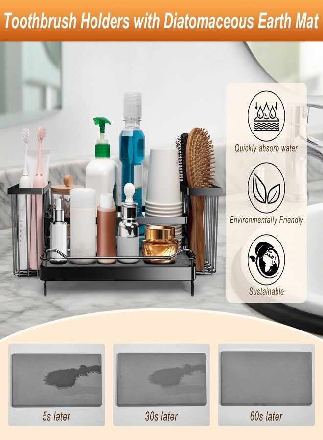 wishfly Toothbrush Holders with Instant Drying Stone & 2 Brush Holders, Rustproof Carbon Steel Tooth Brush Holder Sink Caddy, Space Saving Bathroom Countertop Organizer for Storage and Organization-Black - Image 2