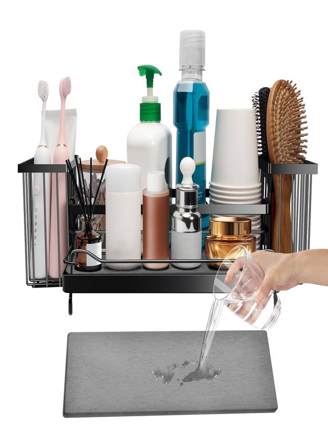 wishfly Toothbrush Holders with Instant Drying Stone & 2 Brush Holders, Rustproof Carbon Steel Tooth Brush Holder Sink Caddy, Space Saving Bathroom Countertop Organizer for Storage and Organization-Black - Image 1