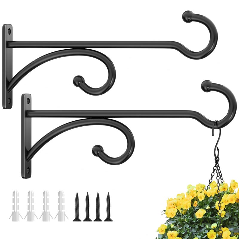 pickpiff 8-Inch Planter Hooks for Hanging Plants - Plant Hanger Hook Indoor Outdoor, Plant Wall Hooks, Brackets for Hanging Plants, Baskets, Wind Chime, Bird Feeder, Bird House (Black, Metal, 2 Pack) - Image 1