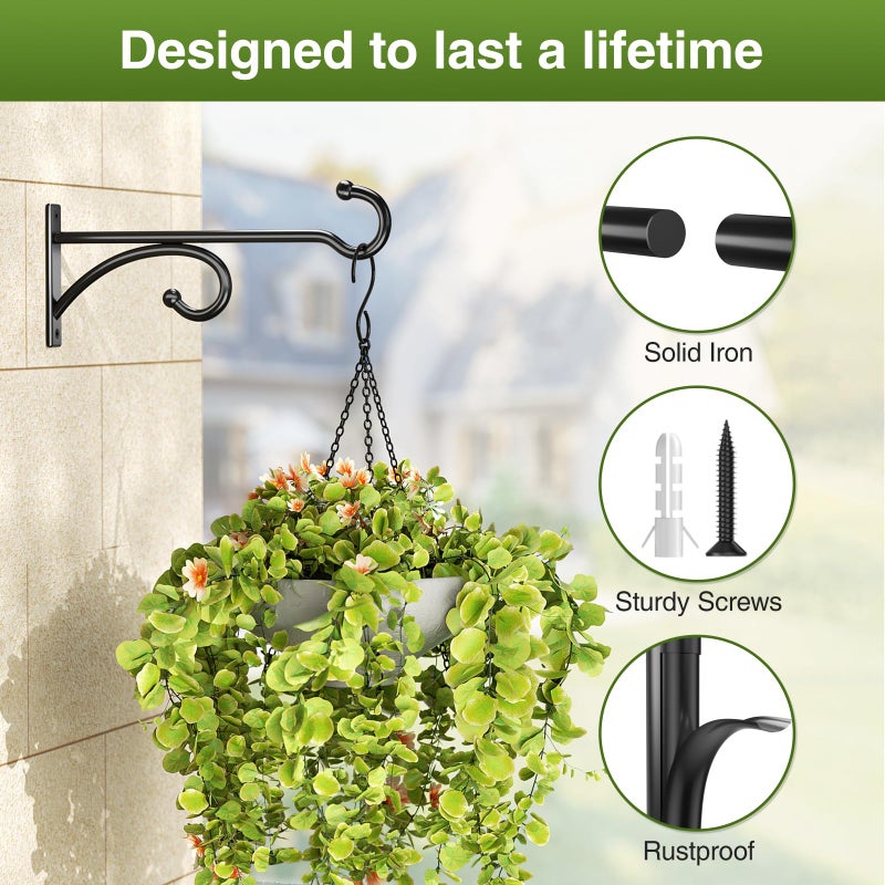 pickpiff 8-Inch Planter Hooks for Hanging Plants - Plant Hanger Hook Indoor Outdoor, Plant Wall Hooks, Brackets for Hanging Plants, Baskets, Wind Chime, Bird Feeder, Bird House (Black, Metal, 2 Pack) - Image 3