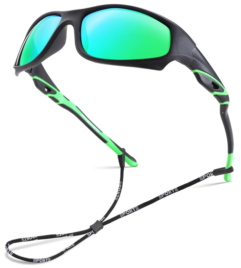 NULOOQ Kids Baseball Polarized Sunglasses â€“ Unbreakable Flexible Youth Sports Sunglasses for Boys Girls Age 4-12 (Matte Black Frame/Green Mirrored Lens) - Image 1