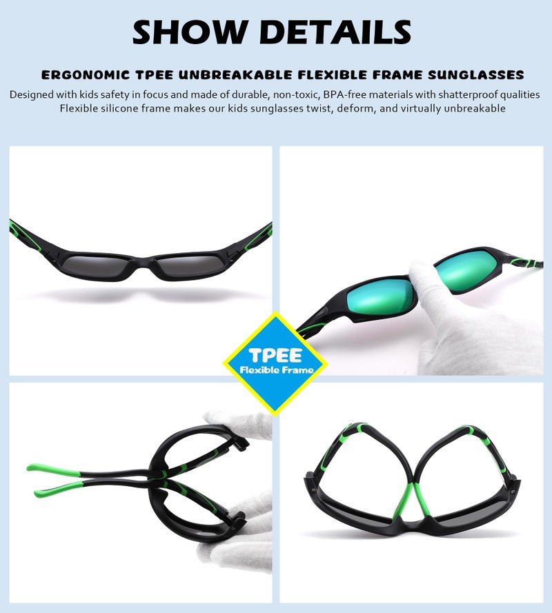 NULOOQ Kids Baseball Polarized Sunglasses â€“ Unbreakable Flexible Youth Sports Sunglasses for Boys Girls Age 4-12 (Matte Black Frame/Green Mirrored Lens) - Image 5