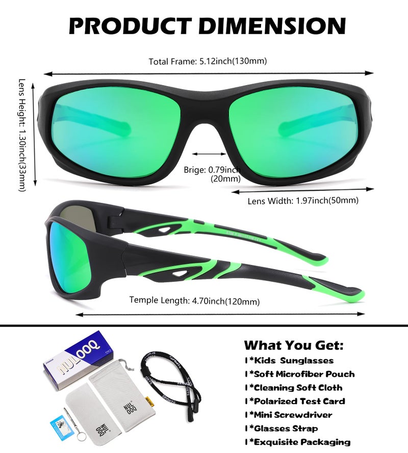 NULOOQ Kids Baseball Polarized Sunglasses â€“ Unbreakable Flexible Youth Sports Sunglasses for Boys Girls Age 4-12 (Matte Black Frame/Green Mirrored Lens) - Image 4