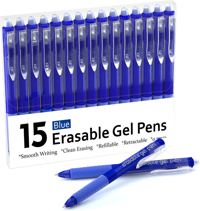 Lineon Erasable Gel Pens, 15 Pack Blue Retractable Erasable Pens Clicker, Fine Point, Make Mistakes Disappear, Blue Ink for Writing Planner and Crossword Puzzles - Image 1