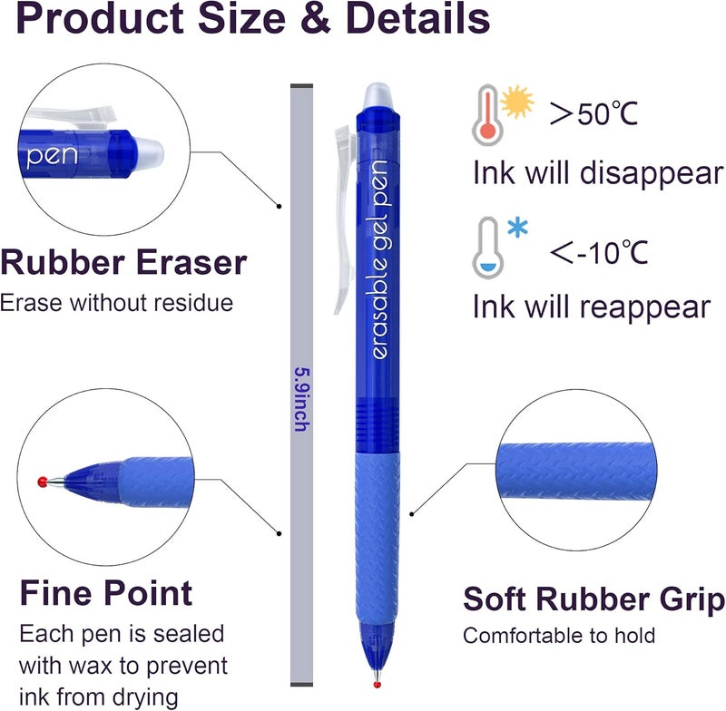 Lineon Erasable Gel Pens, 15 Pack Blue Retractable Erasable Pens Clicker, Fine Point, Make Mistakes Disappear, Blue Ink for Writing Planner and Crossword Puzzles - Image 3