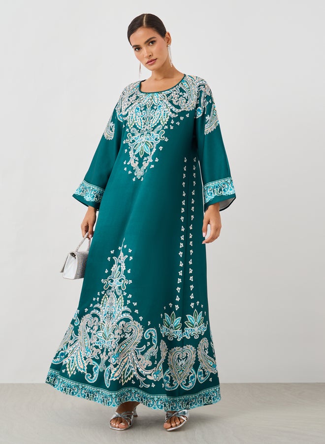 أميرة جلابية أميرة بطبعة بيزلي بياقة مستديرة - Image 1