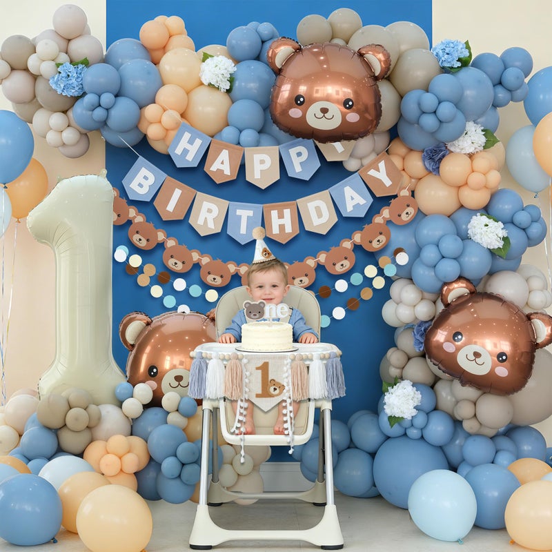 Ereniko Bear First Birthday Decorations Kit For One Year Old Baby Boy Blue Khaki Brown Balloons Happy Birthday Banner 1st Bear Party Themes Decor - Image 4