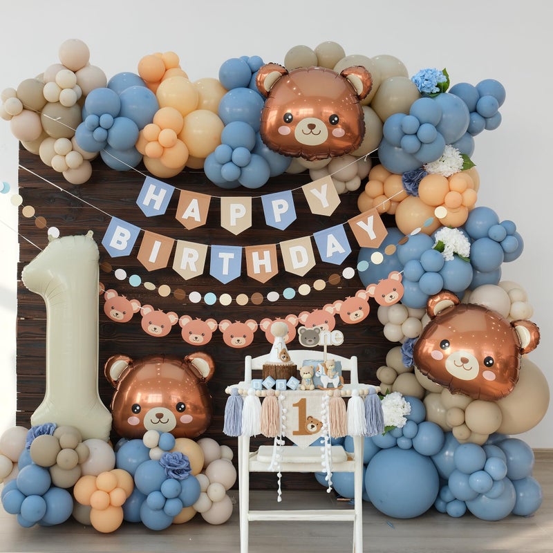 Ereniko Bear First Birthday Decorations Kit For One Year Old Baby Boy Blue Khaki Brown Balloons Happy Birthday Banner 1st Bear Party Themes Decor - Image 1