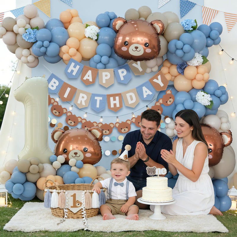 Ereniko Bear First Birthday Decorations Kit For One Year Old Baby Boy Blue Khaki Brown Balloons Happy Birthday Banner 1st Bear Party Themes Decor - Image 3