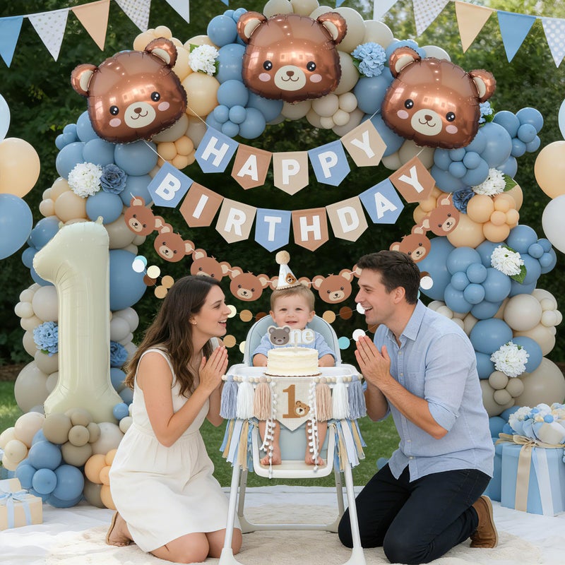 Ereniko Bear First Birthday Decorations Kit For One Year Old Baby Boy Blue Khaki Brown Balloons Happy Birthday Banner 1st Bear Party Themes Decor - Image 5