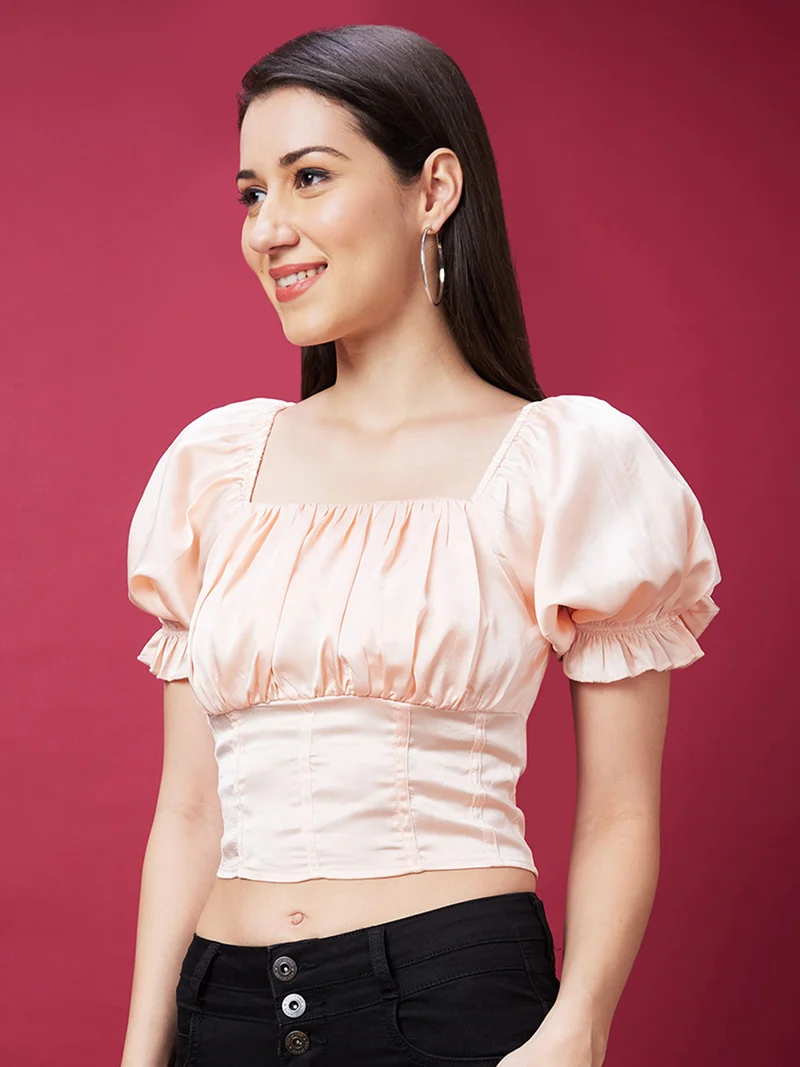 globus Globus Women Square Neck Puff Sleeves Smocked Crop Blouson Top