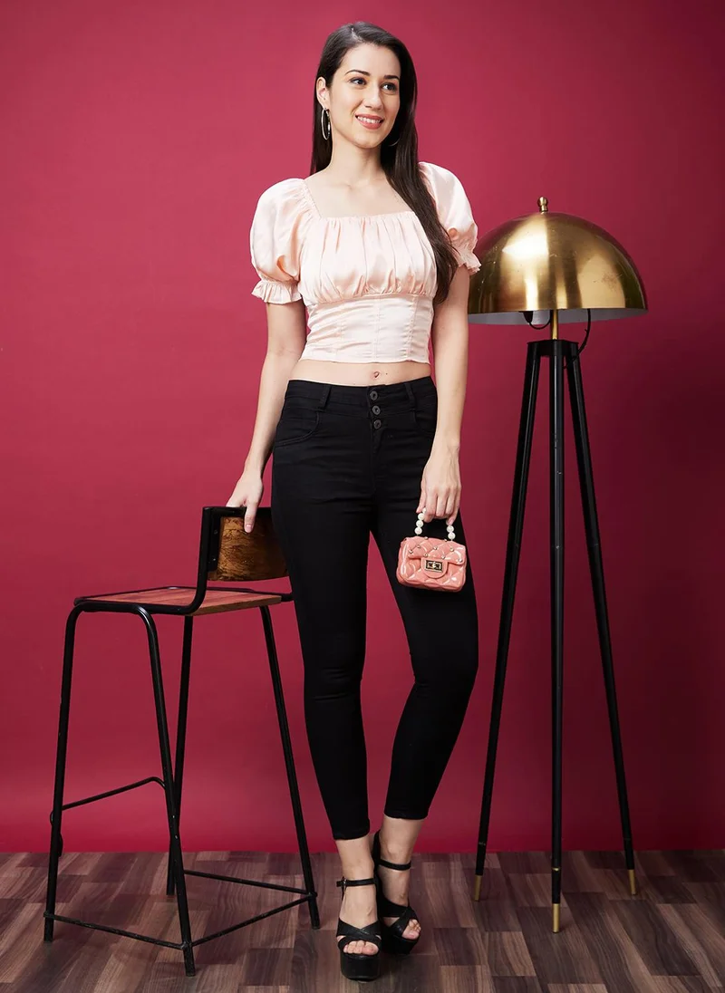 globus Globus Women Square Neck Puff Sleeves Smocked Crop Blouson Top