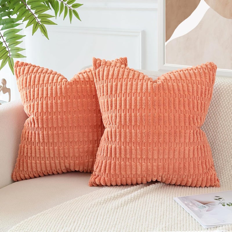 JOTOM Set of 2 Corduroy Soft Cushion Covers, Modern Cushion Covers, Decorative Sofa Cushion, Decorative Cushion Cover for Living Room, Sofa, Bedroom, Orange Pink, 50 x 50 cm - Image 3