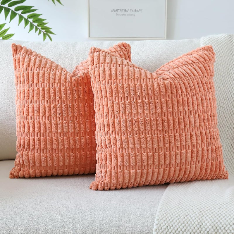 JOTOM Set of 2 Corduroy Soft Cushion Covers, Modern Cushion Covers, Decorative Sofa Cushion, Decorative Cushion Cover for Living Room, Sofa, Bedroom, Orange Pink, 50 x 50 cm - Image 1