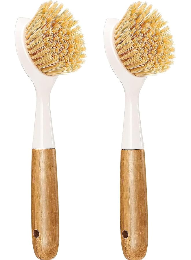 promass 2 Pcs Kitchen Dish Brush, Bamboo Handle Dish Scrubber Built-in Scraper, Scrub Brushes for Pans, Pots, Kitchen Sink Cleaning, Dishwashing Perfect Cleaning Tools, White - Image 1