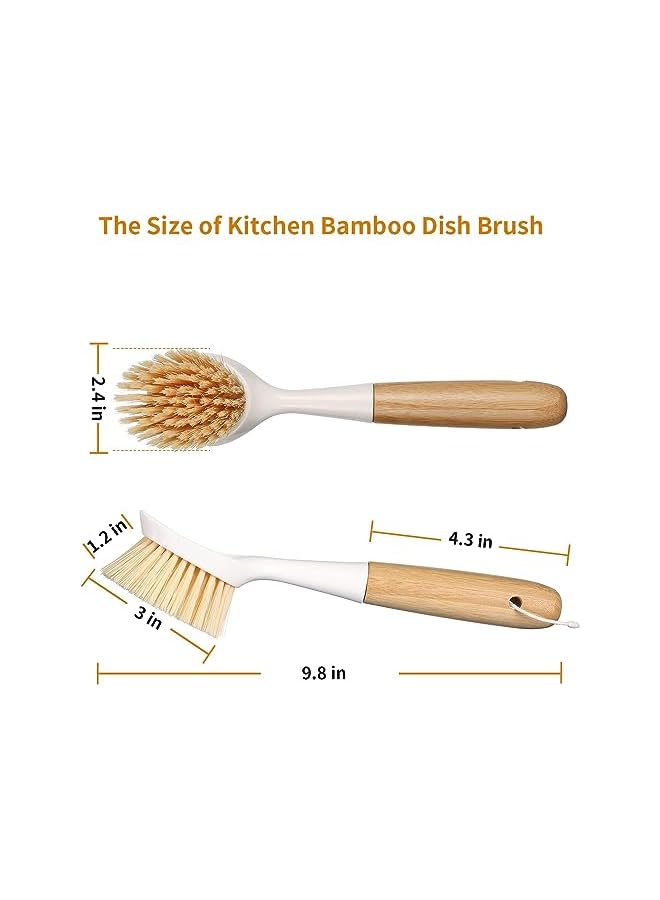 promass 2 Pcs Kitchen Dish Brush, Bamboo Handle Dish Scrubber Built-in Scraper, Scrub Brushes for Pans, Pots, Kitchen Sink Cleaning, Dishwashing Perfect Cleaning Tools, White - Image 2