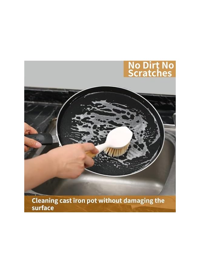 promass 2 Pcs Kitchen Dish Brush, Bamboo Handle Dish Scrubber Built-in Scraper, Scrub Brushes for Pans, Pots, Kitchen Sink Cleaning, Dishwashing Perfect Cleaning Tools, White - Image 4