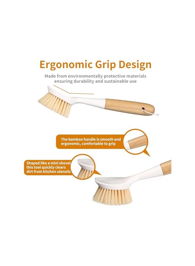promass 2 Pcs Kitchen Dish Brush, Bamboo Handle Dish Scrubber Built-in Scraper, Scrub Brushes for Pans, Pots, Kitchen Sink Cleaning, Dishwashing Perfect Cleaning Tools, White - Image 5