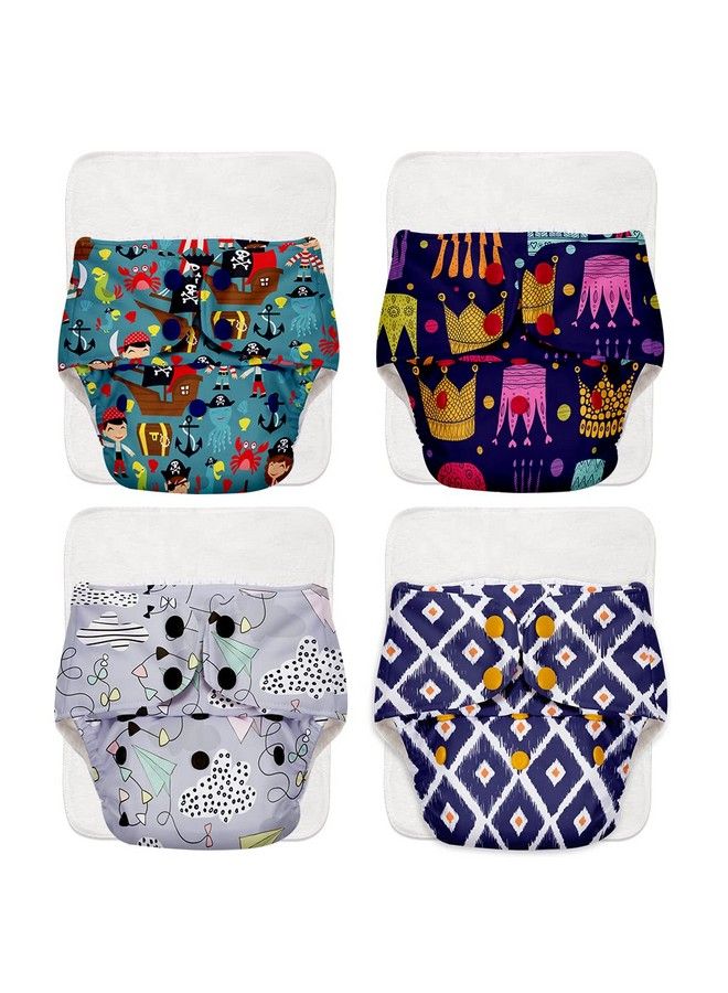 Superbottoms Basic Pack Of 4 Freesize Adjustable Washable And Reusable Cloth Diaper For Babies 03 Years ; One Size Adjustable Diapers (Pack Of 4 Diapers+ 4 Inserts) Assorted Prints - Image 1