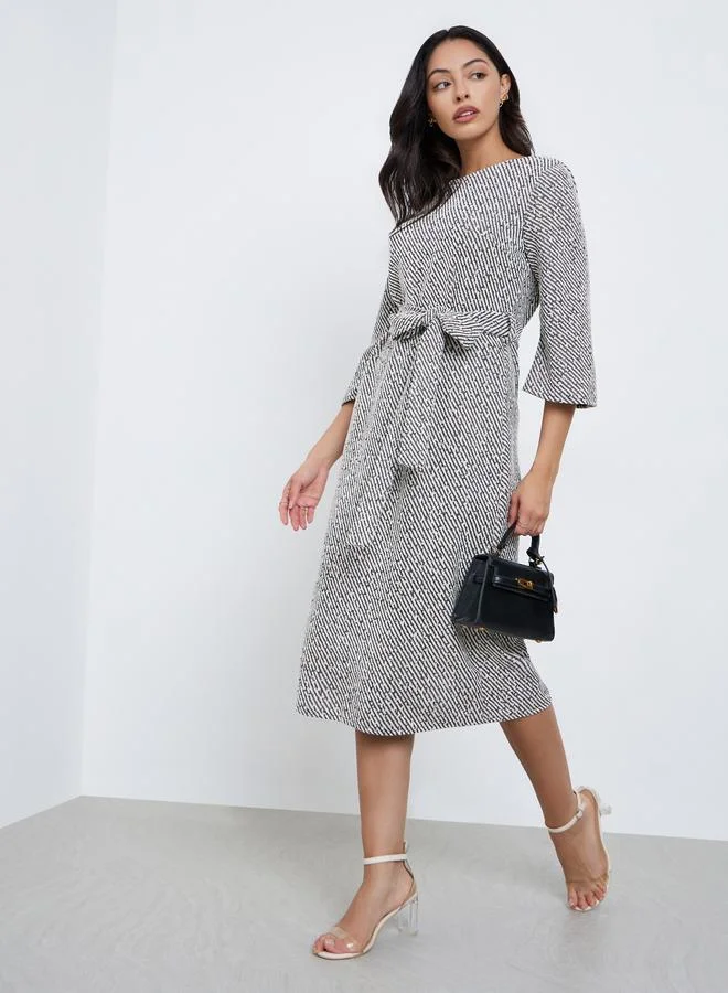 Styli Styli Grey Textured Midi Dress with 3/4 Sleeves