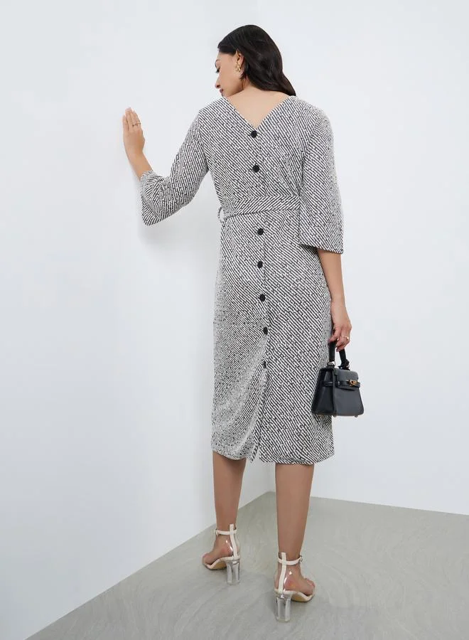 Styli Styli Grey Textured Midi Dress with 3/4 Sleeves
