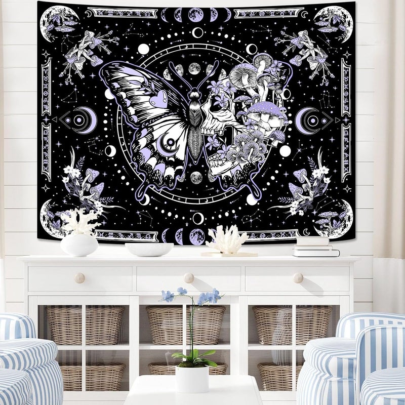 Fungarth Skeleton Butterfly Tapestry Purple Skull Hippie Mushroom Plants Tapestry for Bedroom Moon phase Aesthetic Tapestries Wall Hanging for Living Room Dorm (44.00” x 60.00”, Purple) - Image 2