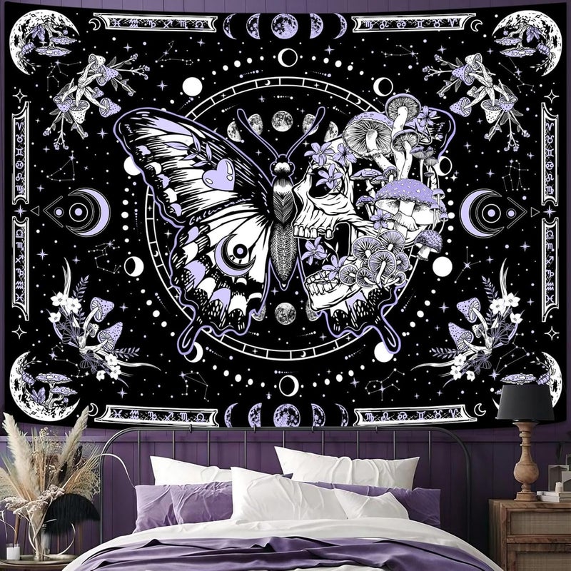Fungarth Skeleton Butterfly Tapestry Purple Skull Hippie Mushroom Plants Tapestry for Bedroom Moon phase Aesthetic Tapestries Wall Hanging for Living Room Dorm (44.00” x 60.00”, Purple) - Image 1