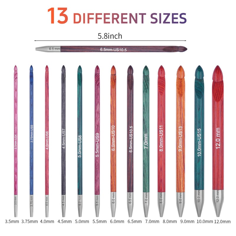 BsHooker Tunisian Crochet Hooks Set with Cable,Interchangeable Wooden Crochet Hooks with Case,13 Hooks 3.5mm-12mm Ergonomic 27PCS - Image 3