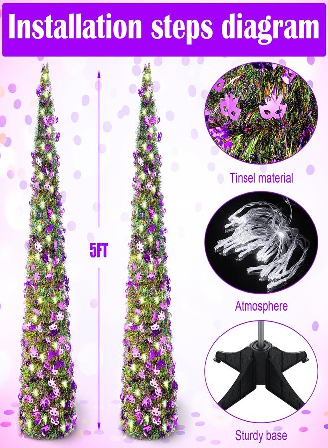شجرة ماردي غرا قابلة للطي من Hollowfly، قطعتان، طول كل منهما 5 أقدام، مزودة بأضواء متدلية وزينة لامعة، مع قناع، مثالية للاستخدام المنزلي، في الأماكن المغلقة والمفتوحة، ولحفلات الكرنفال والعطلات. - Image 2