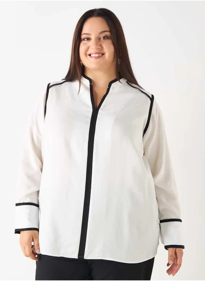 Ulla Popken Plus Size Ulla Popken Panelled Zip Through Top with Long Sleeves