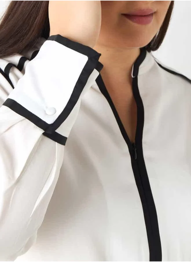 Ulla Popken Plus Size Ulla Popken Panelled Zip Through Top with Long Sleeves