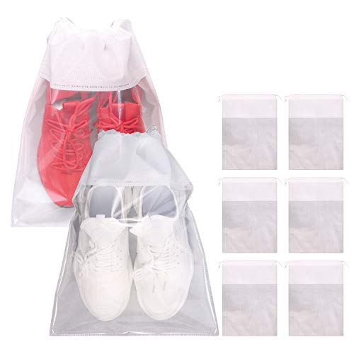 TENABORT 8 Pack Portable Shoe Bags for Travel Large Shoes Pouch Storage Organizer Clear Window with Drawstring for Men and Women White - Image 1