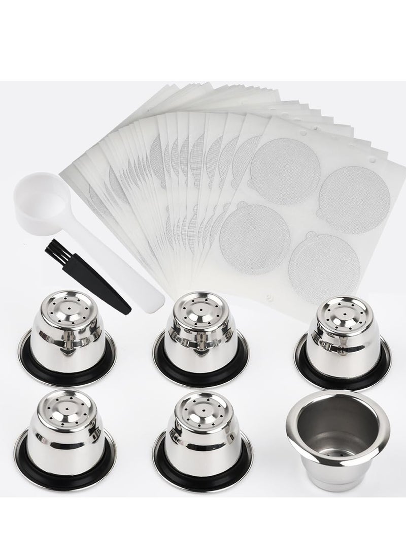 SYOSI - Reusable Capsules for Nespresso Originalline, 6PCS Refillable Espresso Coffee Pods with Brush and Scoop, Stainless Steel Cups Filters Compatible for Nespresso Machine(6 Cups + 50lids) - Image 1