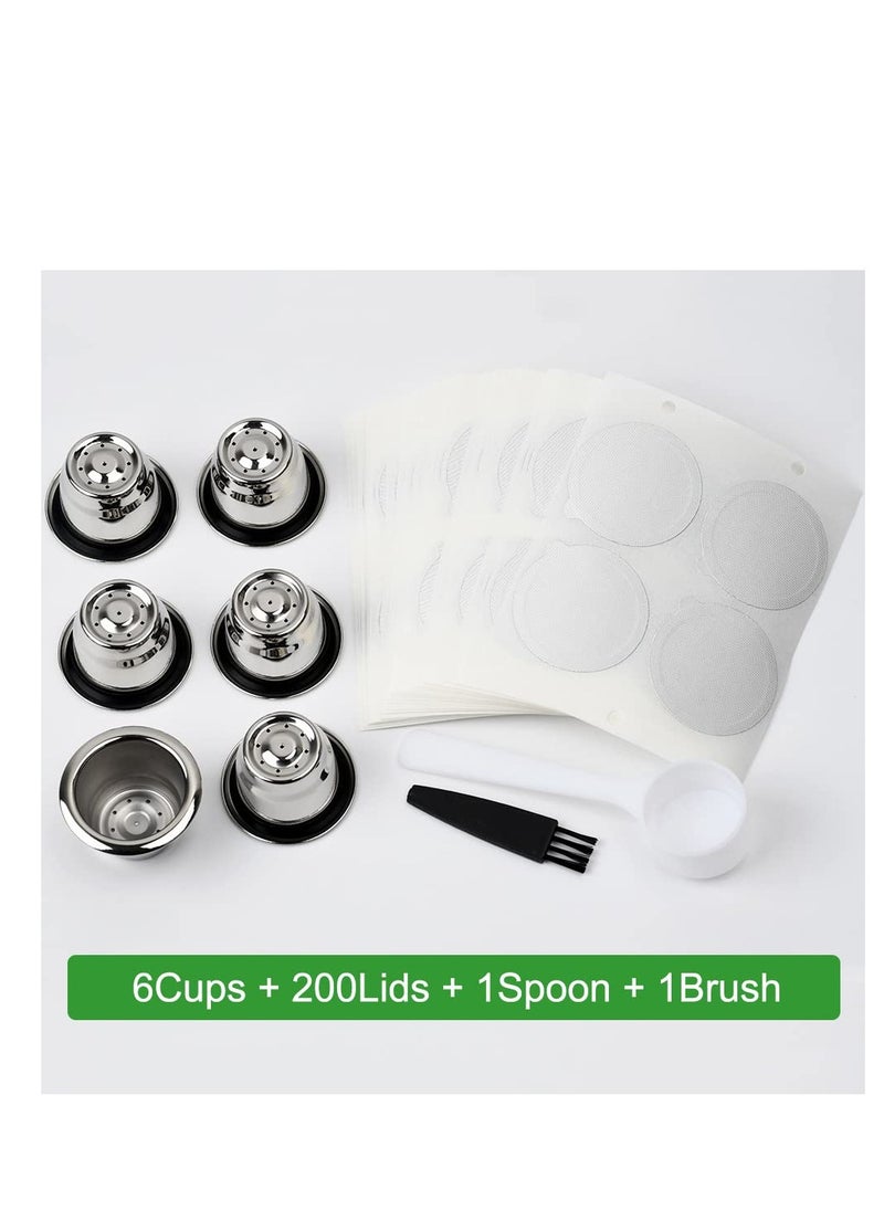SYOSI - Reusable Capsules for Nespresso Originalline, 6PCS Refillable Espresso Coffee Pods with Brush and Scoop, Stainless Steel Cups Filters Compatible for Nespresso Machine(6 Cups + 50lids) - Image 1