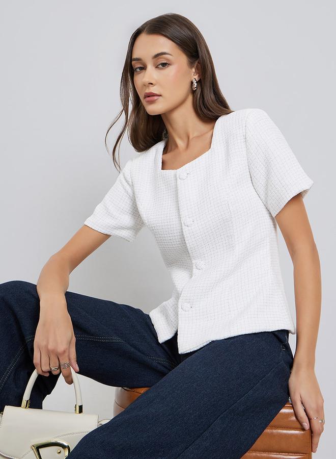 ستايلي بلوزة بمظهر تويد وأزرار مع أكمام قصيرة - Image 1