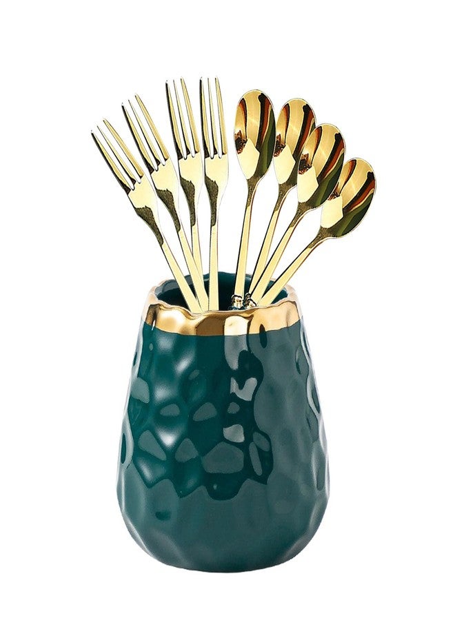 HENWAFX Dessert Fork set, Ceramic Jar with 8 Small Forks, Salad, Fruit, Party, Cake, Camping Cutlery set (Green ceramic jar+4 forks+4 spoons) - Image 1