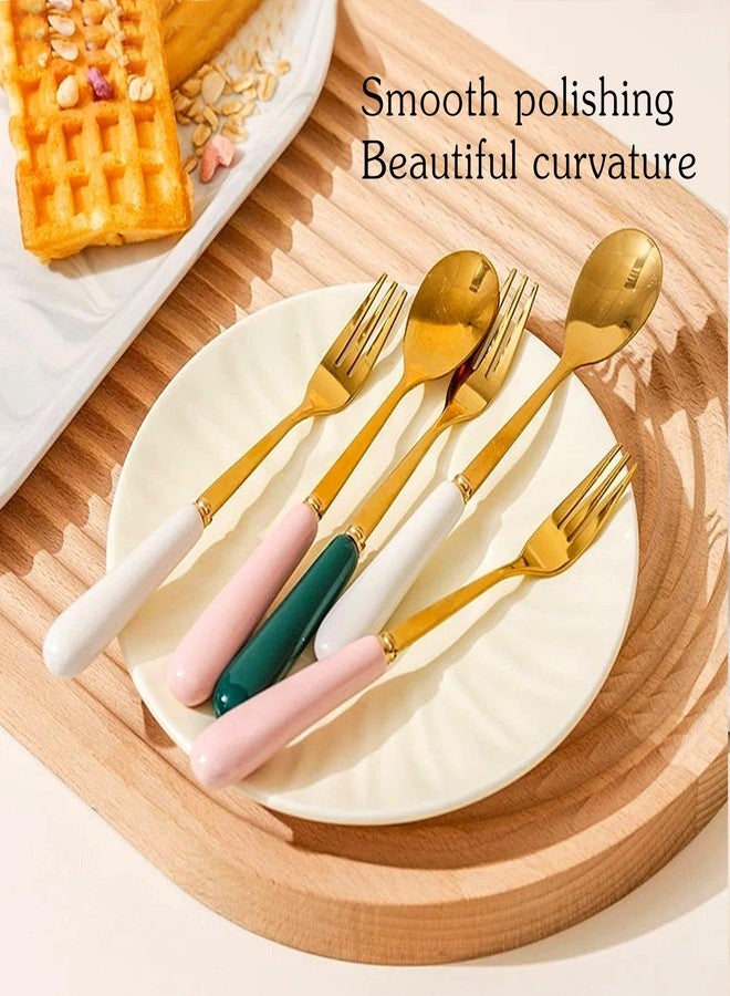 HENWAFX Dessert Fork set, Ceramic Jar with 8 Small Forks, Salad, Fruit, Party, Cake, Camping Cutlery set (Green ceramic jar+4 forks+4 spoons) - Image 3