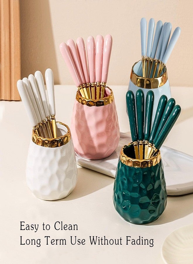 HENWAFX Dessert Fork set, Ceramic Jar with 8 Small Forks, Salad, Fruit, Party, Cake, Camping Cutlery set (Green ceramic jar+4 forks+4 spoons) - Image 2