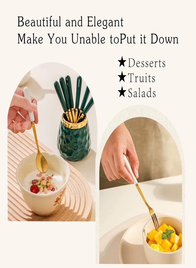 HENWAFX Dessert Fork set, Ceramic Jar with 8 Small Forks, Salad, Fruit, Party, Cake, Camping Cutlery set (Green ceramic jar+4 forks+4 spoons) - Image 4